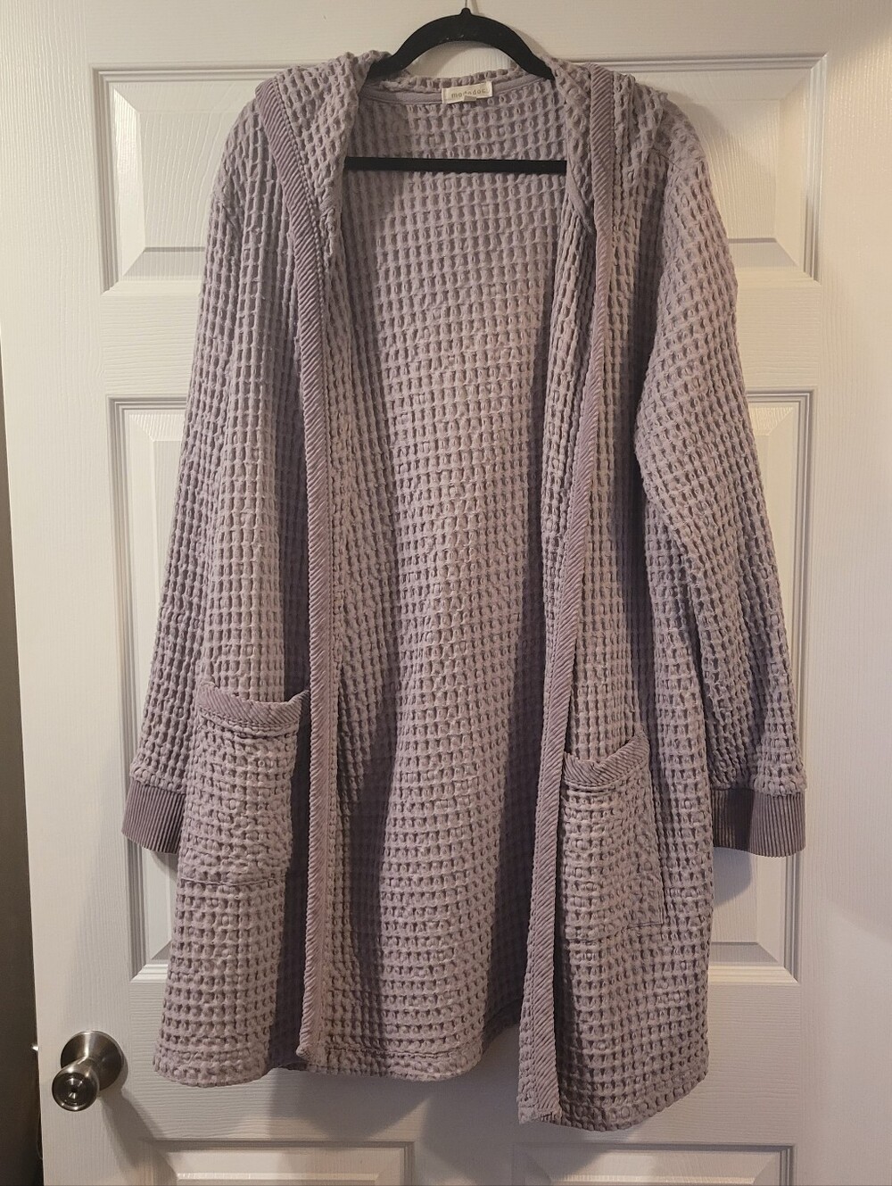 Mododoc Cozy Waffle-Knit Hooded Sweater Cardigan - Light Lavender. 100 % Cotton